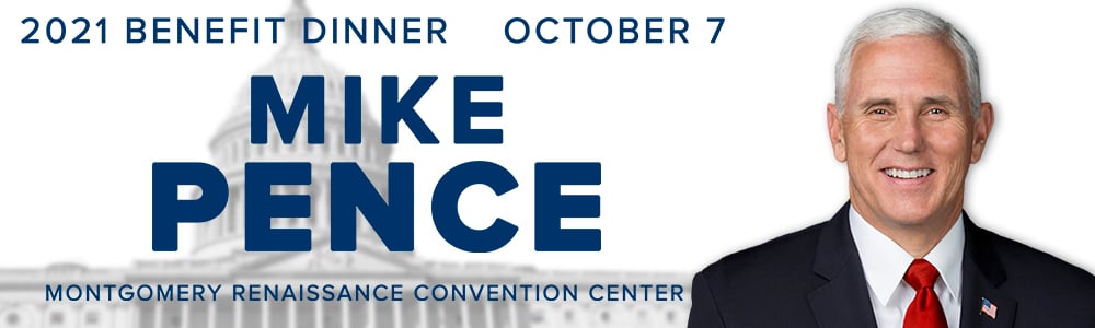 Mike Pence billboard promoting the 2021 Benefit Dinner.